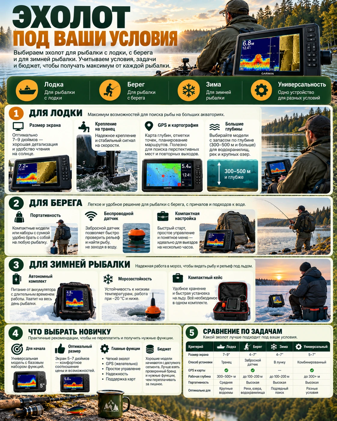 Схема выбора эхолота для лодки, берега, зимней рыбалки и ПВХ-лодки