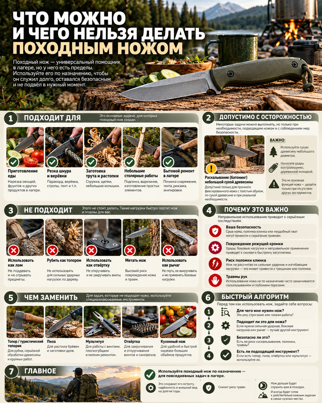 Инструкция о допустимых задачах для походного ножа и подходящих заменах