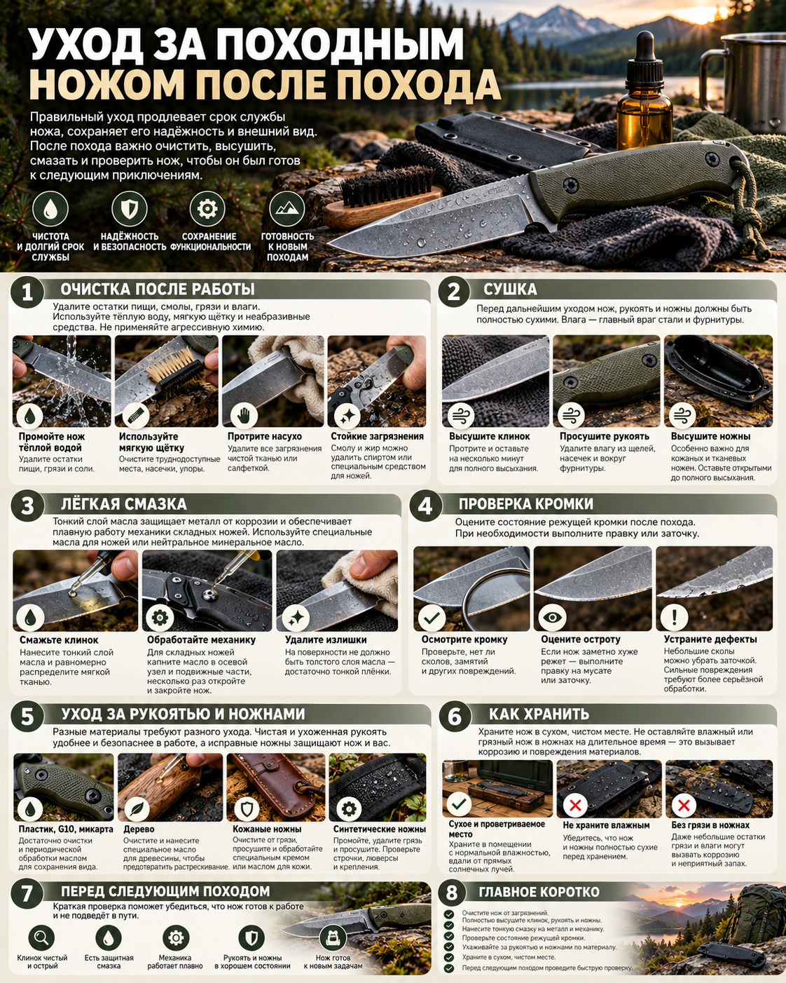 Инструкция по очистке сушке смазке и хранению туристического ножа после похода