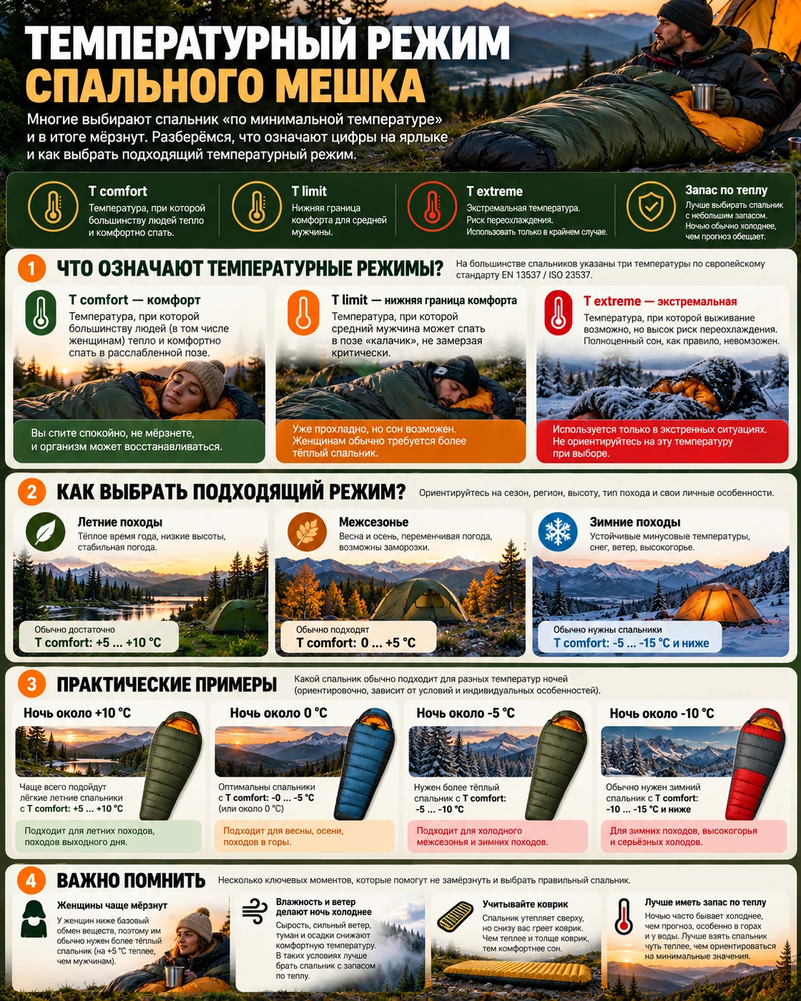 Схема различий между температурами Comfort, Limit и Extreme и пример выбора спальника
