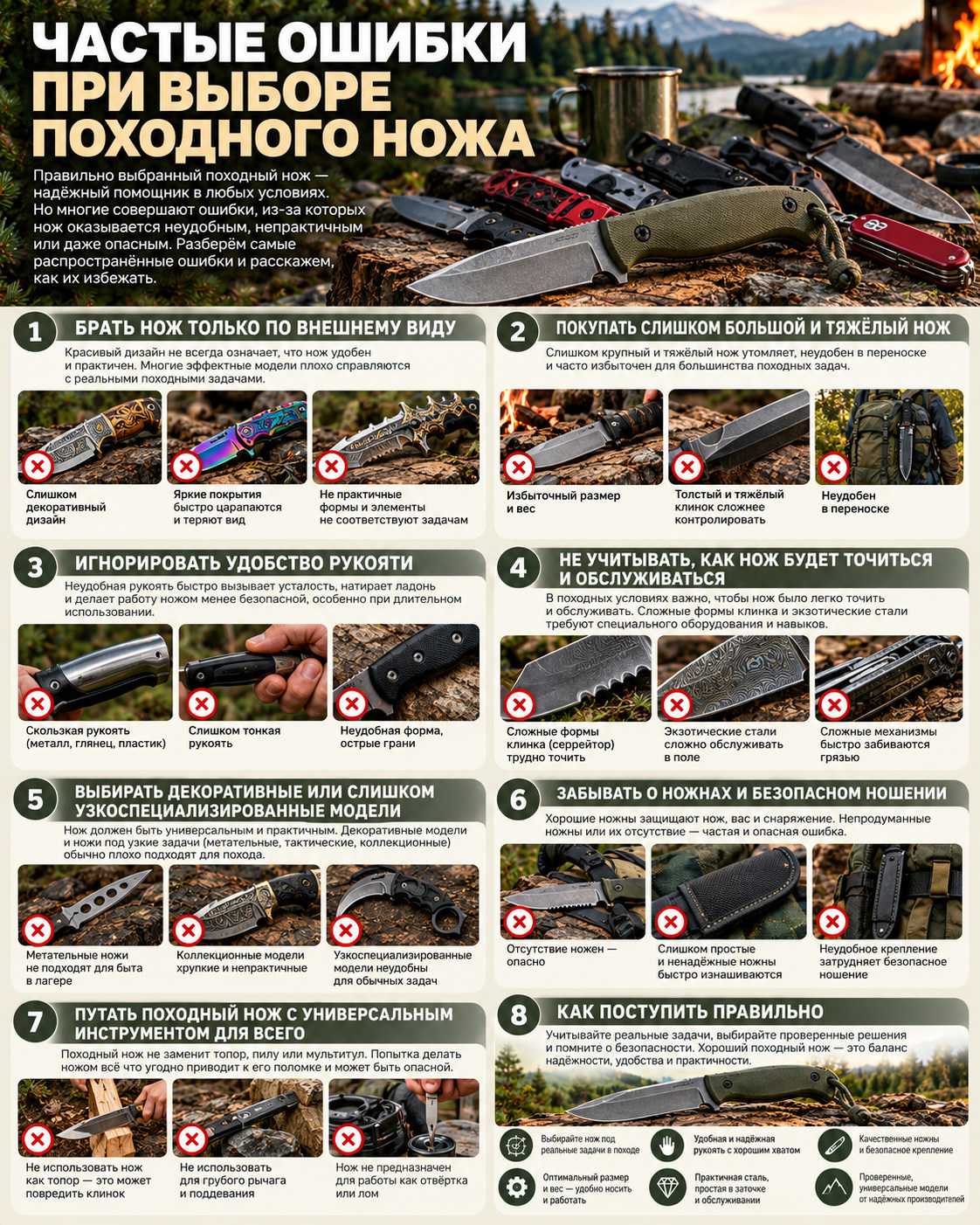 Инфографика о частых ошибках при выборе походного ножа и правильном алгоритме