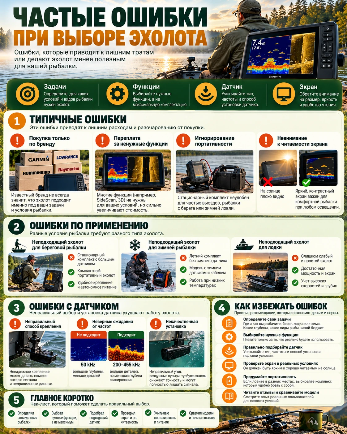 Схема распространённых ошибок выбора рыбопоискового эхолота и способы их избежать