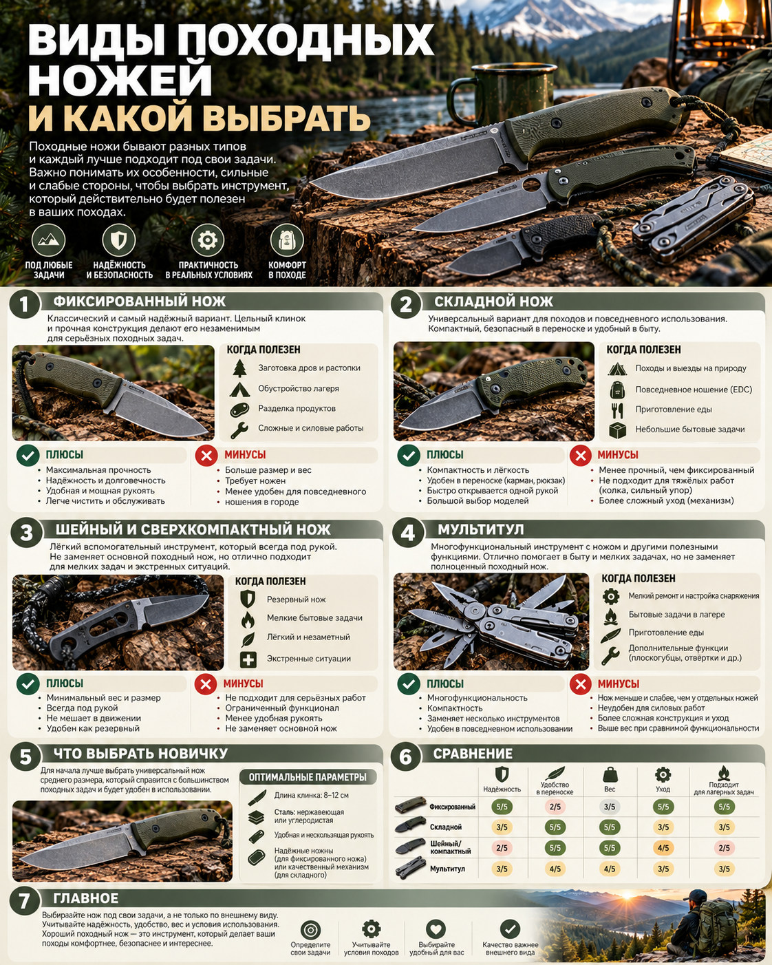 Инструкция: сравнение фиксированного, складного, компактного ножа и мультитула
