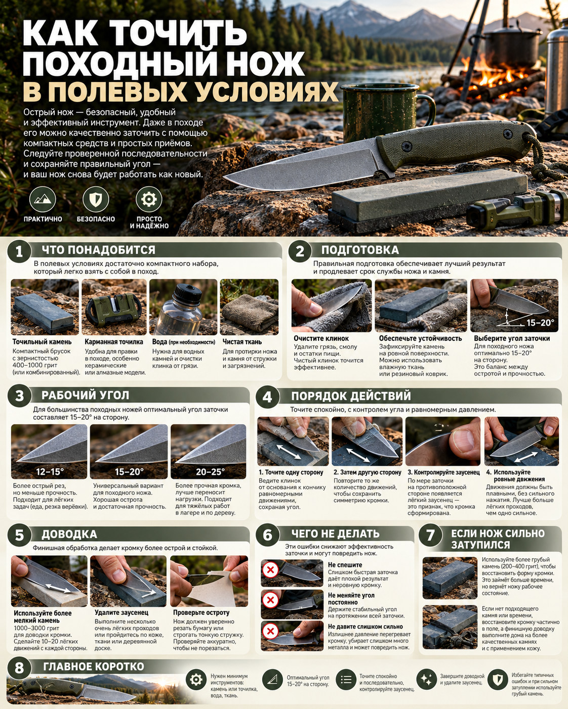Пошаговая инструкция по полевой заточке ножа на камне и безопасной проверке остроты