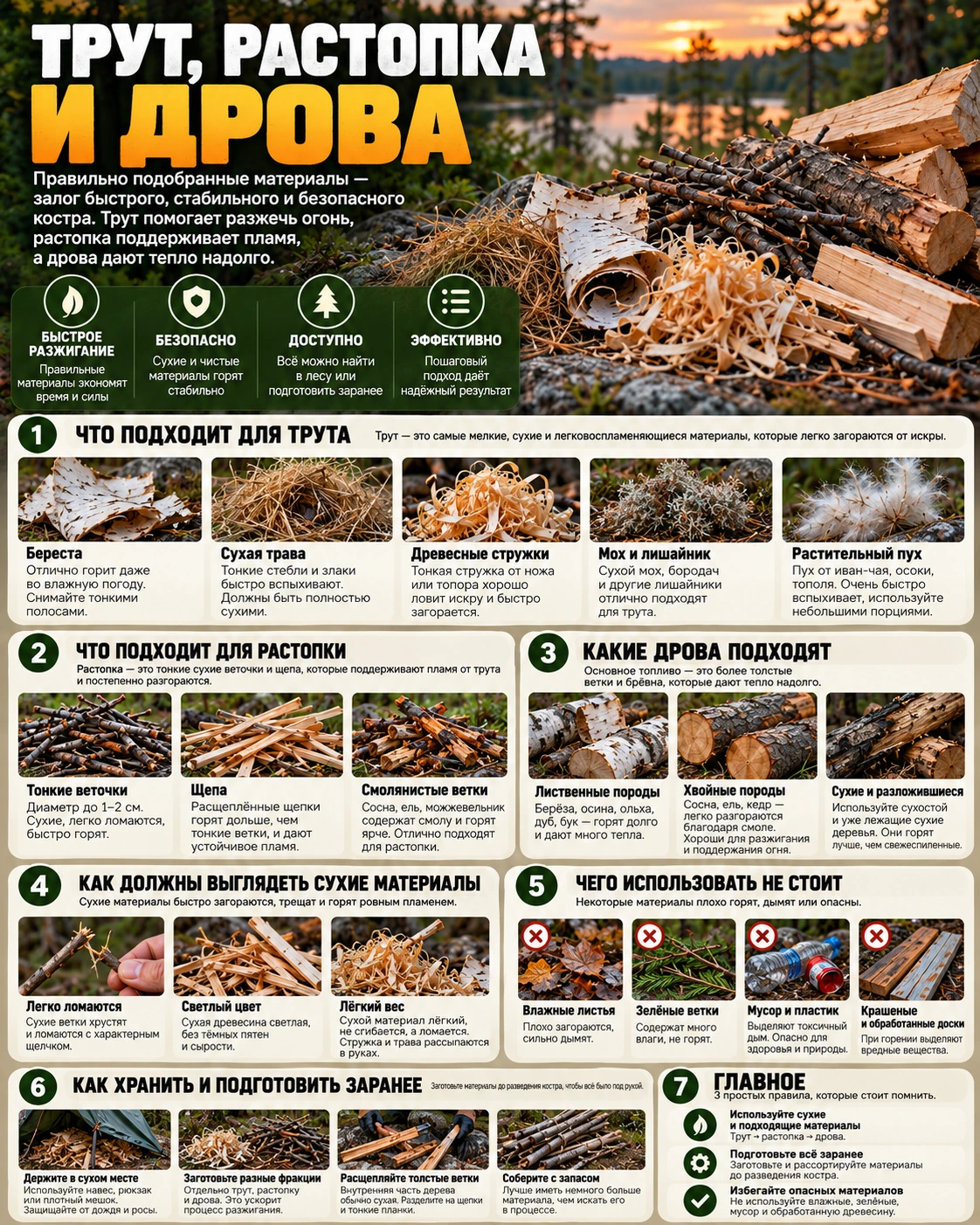 Сравнение трута, растопки и основных дров для костра
