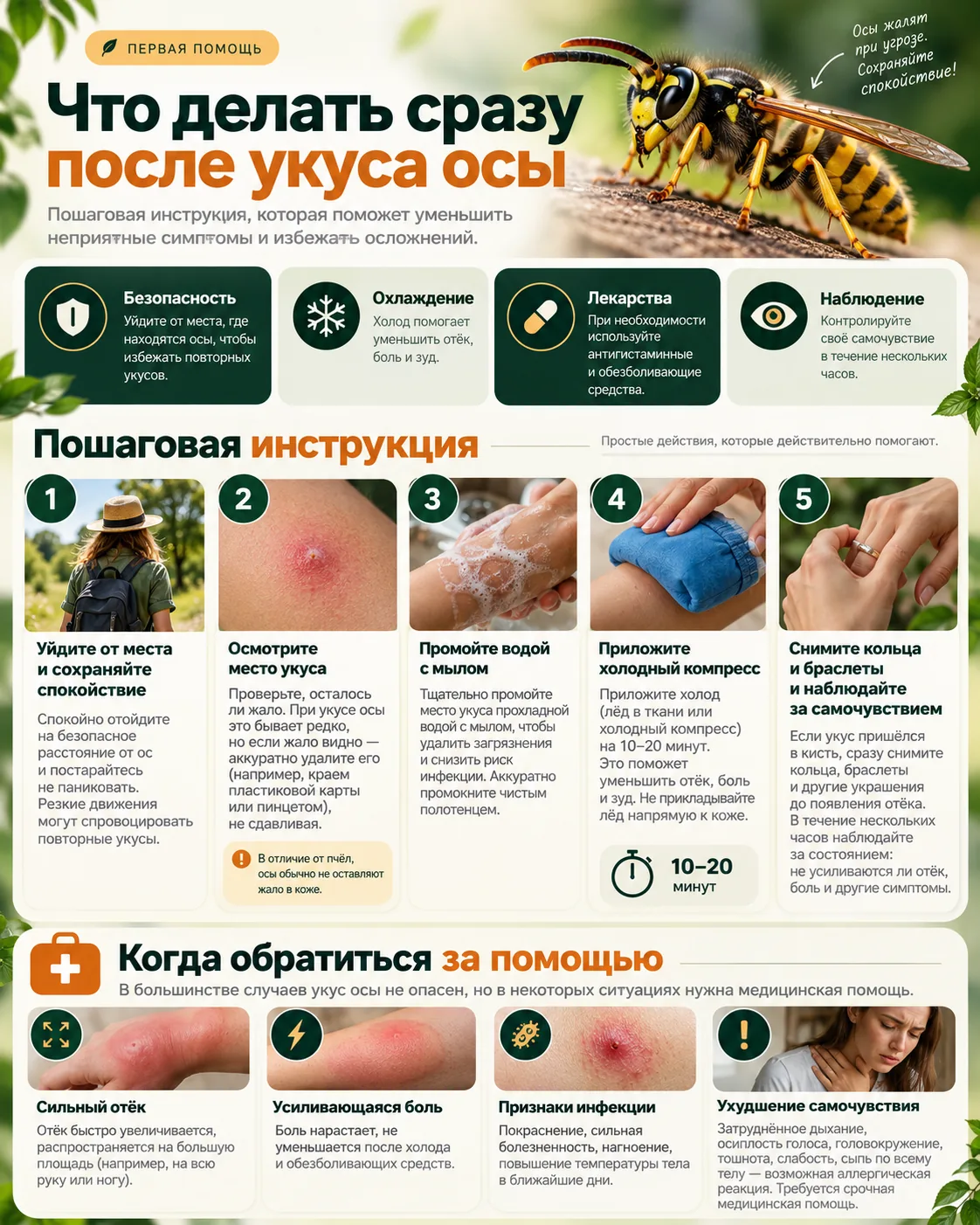 Пошаговая памятка о первой помощи после ужаления осы: осмотр, промывание, охлаждение и наблюдение