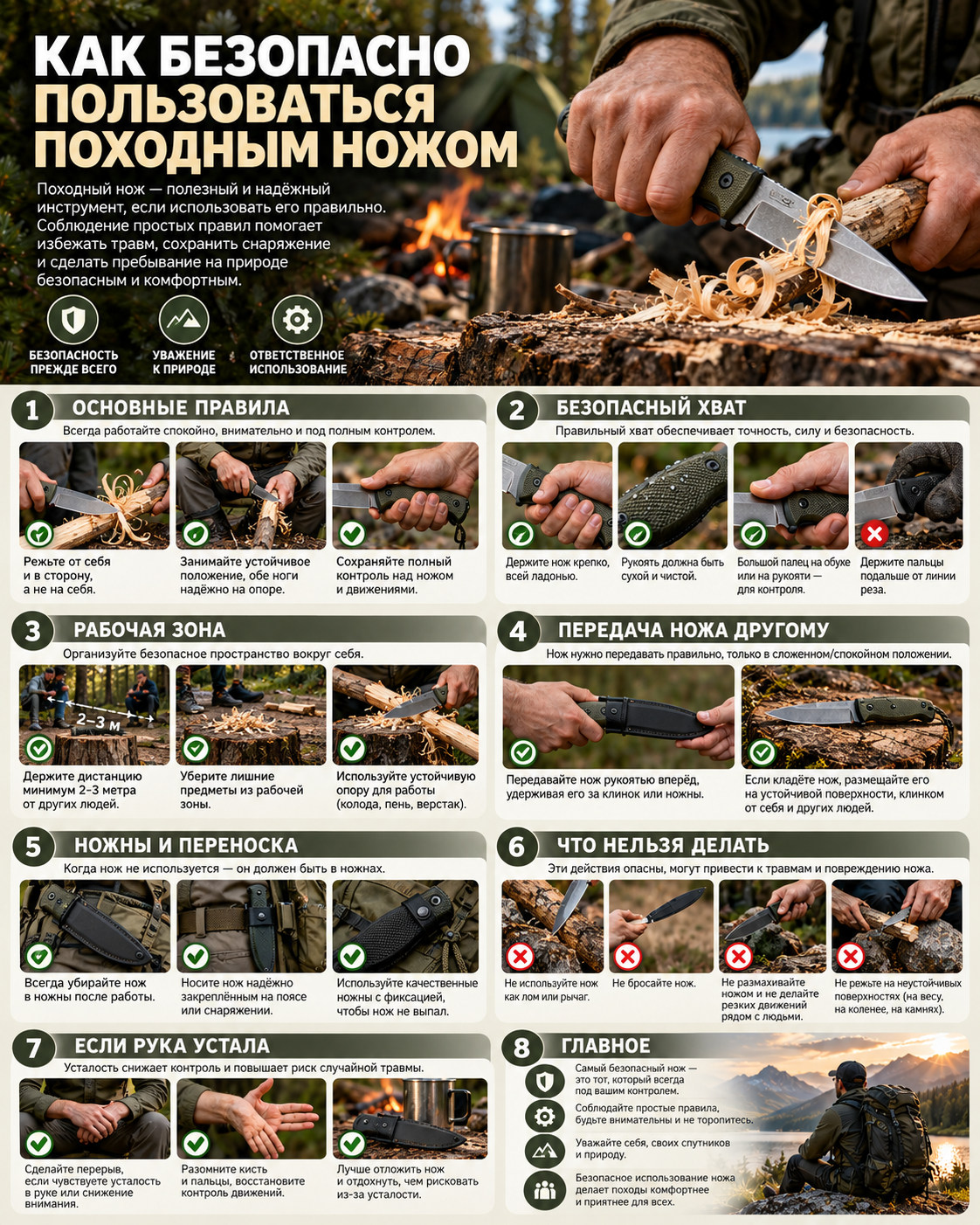 Инструкция по безопасному обращению с походным ножом: хват, опора, переноска