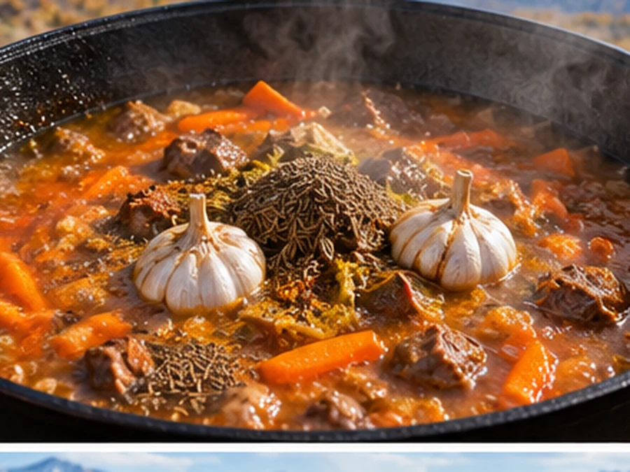 Казан с мясом морковью головками чеснока и зирой в кипящем зирваке