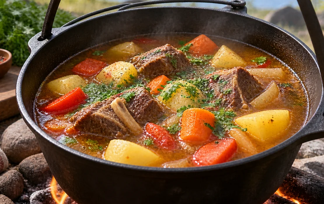 В шурпе видны куски баранины, картофель, помидоры, сладкий красный перец и чеснок в чугунном казане на костре.