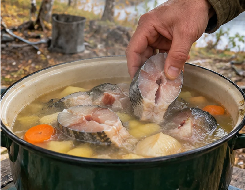 Порционные куски речной рыбы добавляют к овощам в котелке