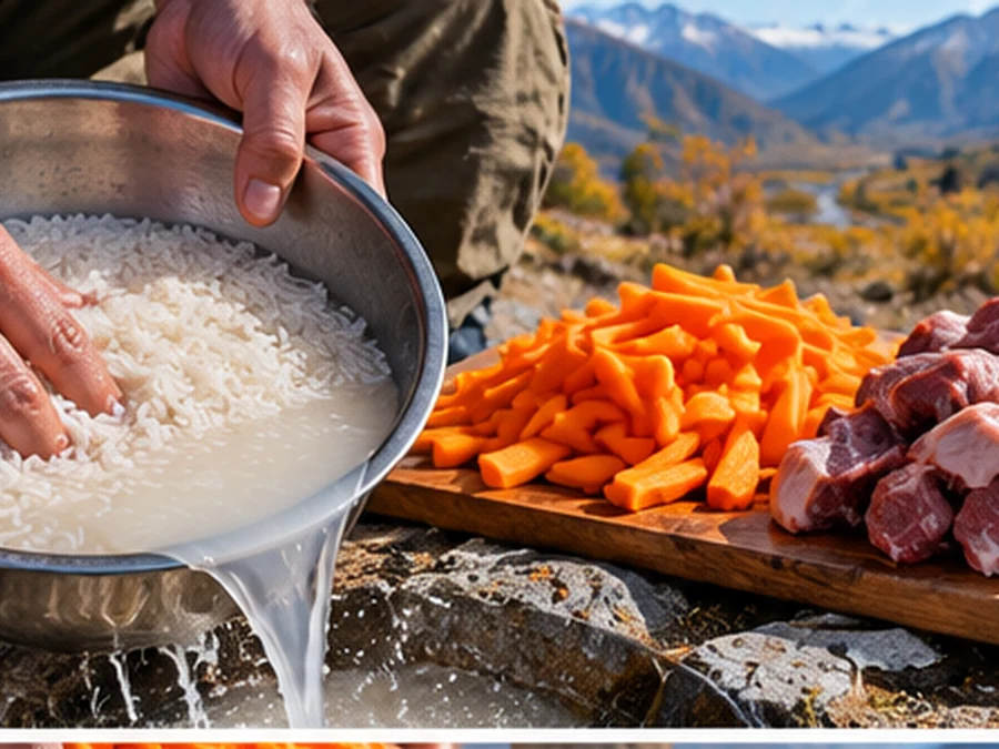 Промывание риса рядом с нарезанными морковью, луком и бараниной в каменистом походном лагере