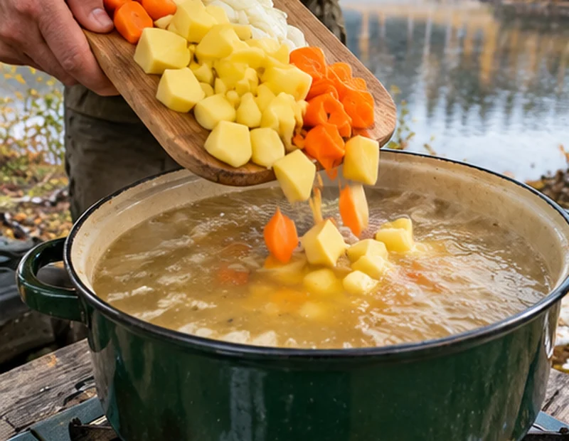 Картофель и морковь засыпают в котелок с рыбным бульоном