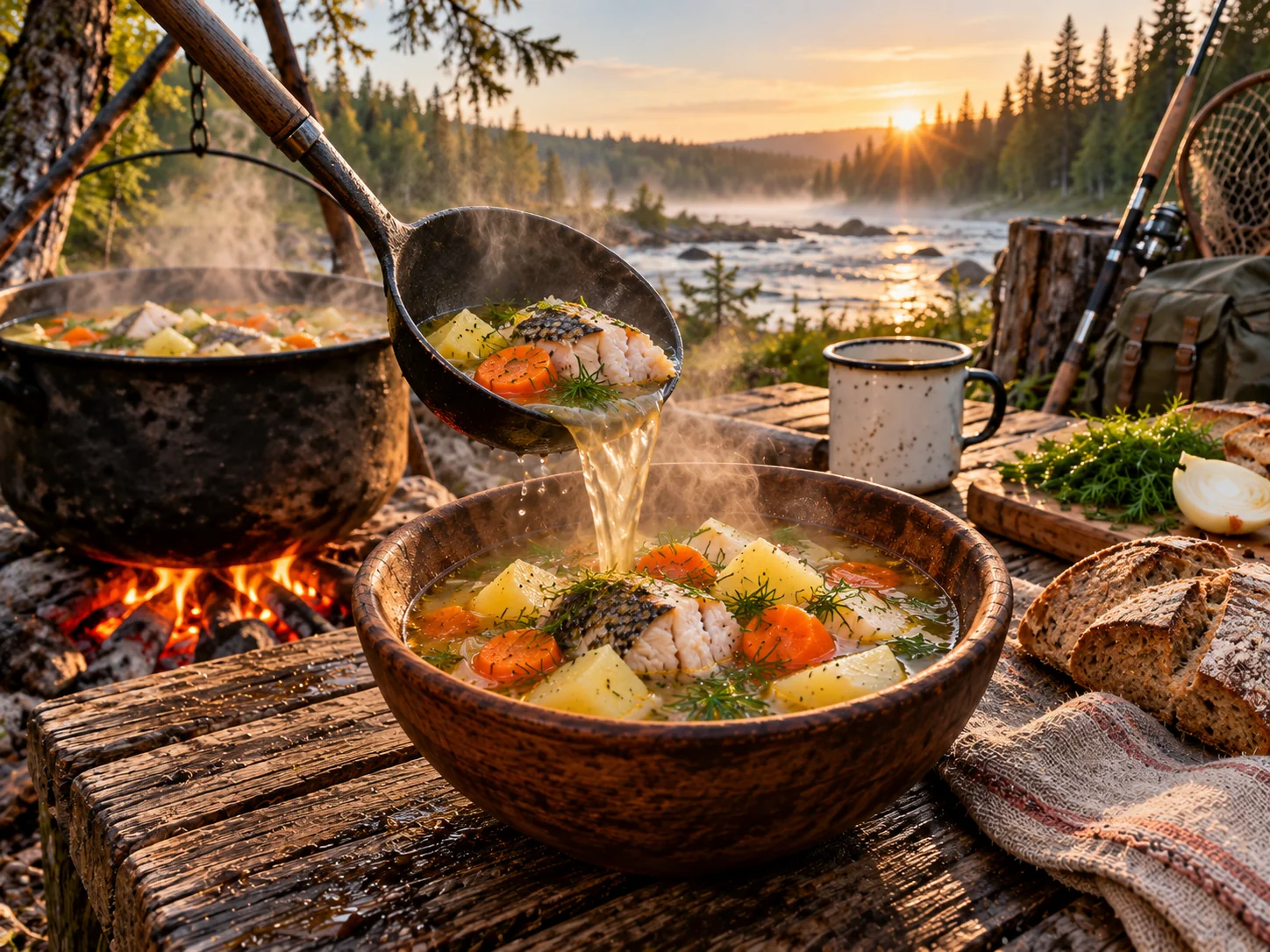 Готовые куски речной рыбы с картофелем морковью и прозрачным бульоном