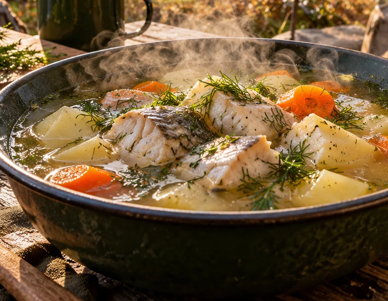 Горячая уха с укропом, рыбой и овощами в походной посуде